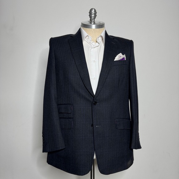 Custom Tailored Men's Plaid‎ Wool 40R Sport Coat Blazer Jacket Dark Gray Check